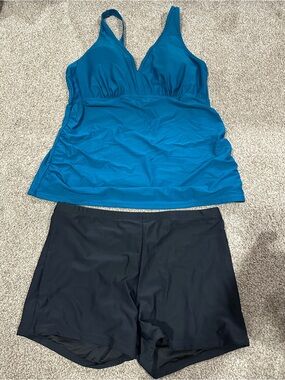 Nique Teal Tankini Top with Black Swim Shorts